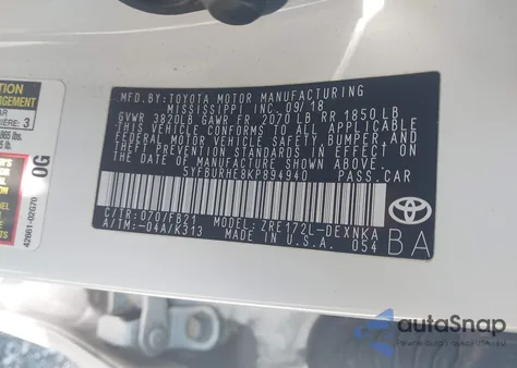 2019 Toyota Corolla Le из США, поврежденный, VIN 5YFBURHE8KP894940